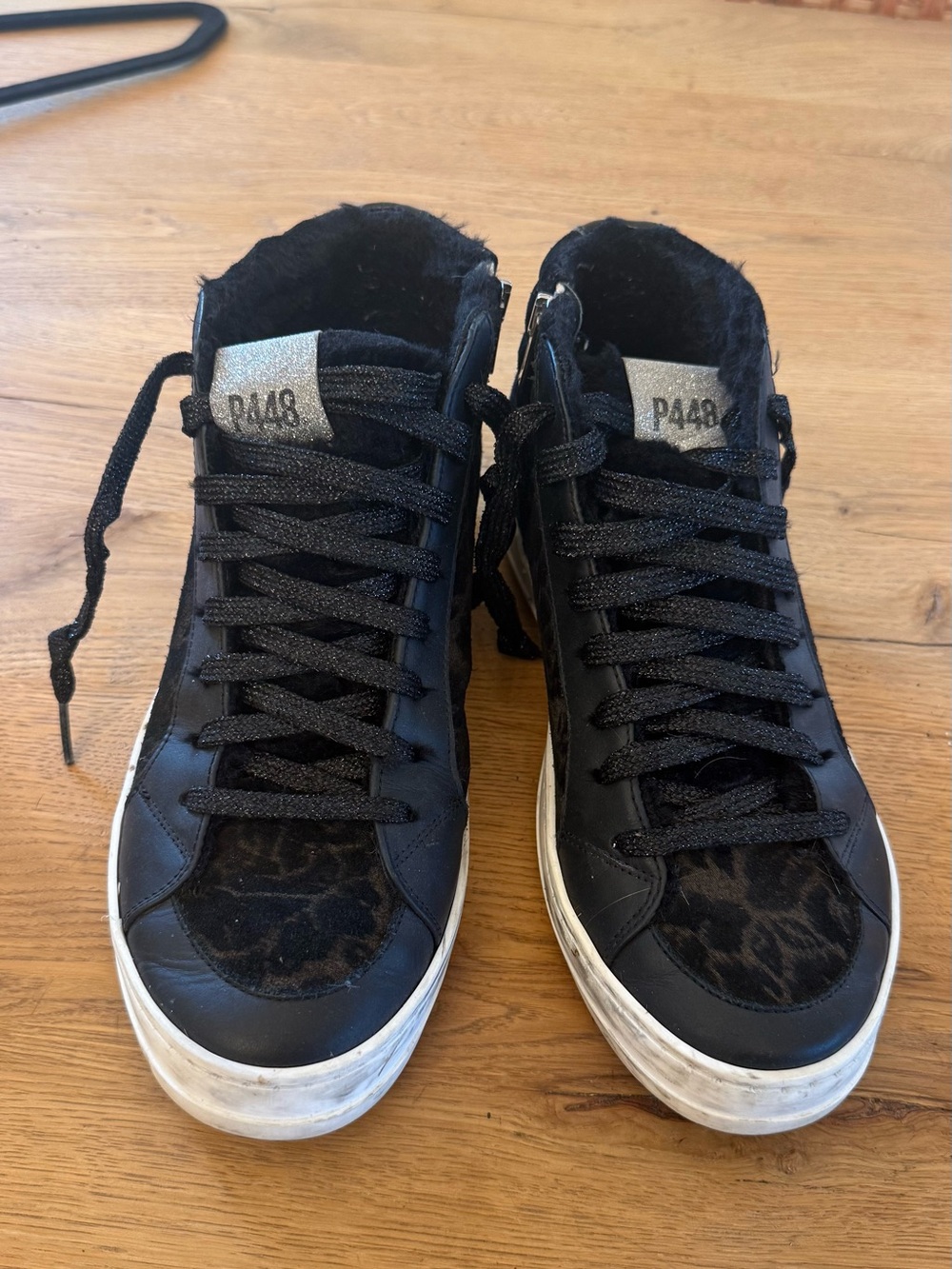 P448 Women's Black High-Top Sneakers with Leopard Detail